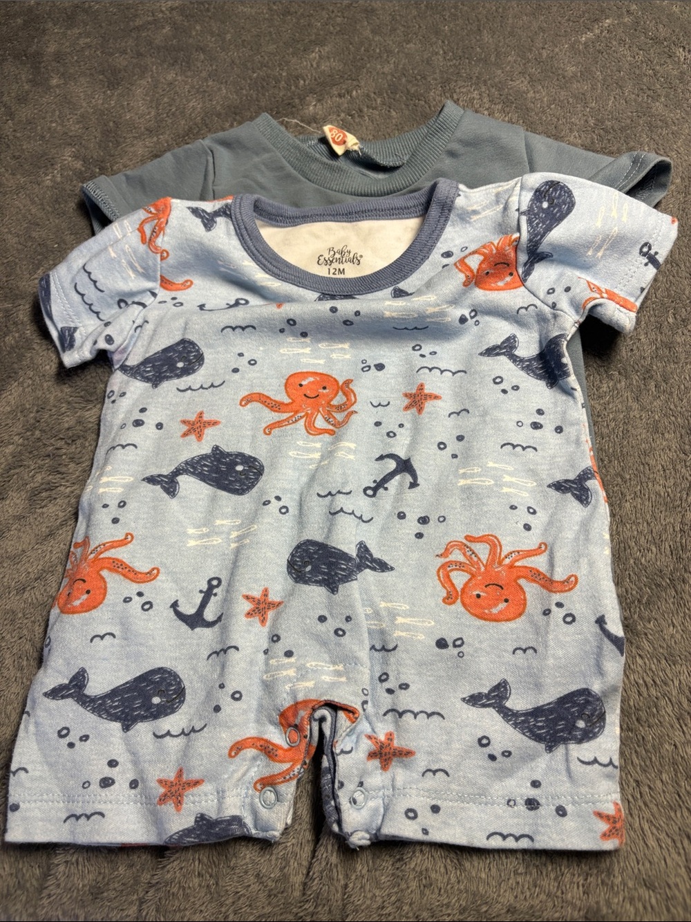 Baby Essentials Light Blue Romper with Orange Octopus & Navy Whale Print